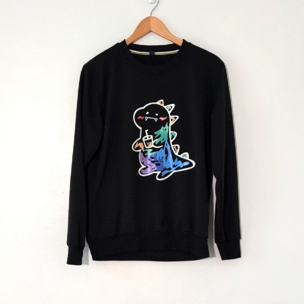 Black Messy Colorful Dinosaur Graphic Sweater Crewneck Sweatshirt Polyester Sz S